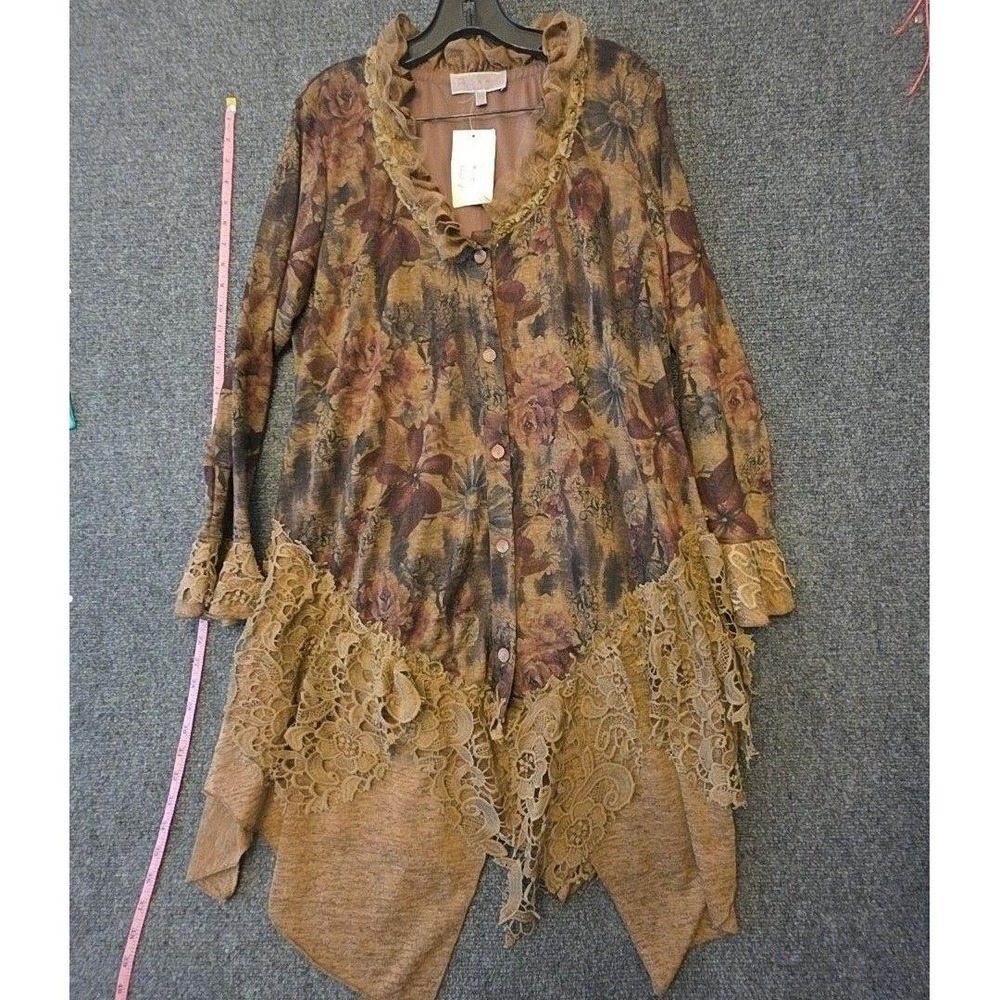 Pretty Angel Blouse XL Brown Floral Lace Hem Button Tunic Top Boho Cottagecore